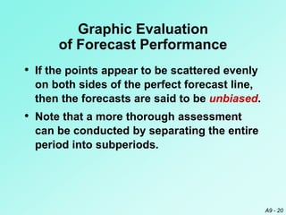 A9 - 20
Graphic Evaluation
of Forecast Performance
• If the points appear to be scattered evenly
on both sides of the perfect forecast line,
then the forecasts are said to be unbiased.
• Note that a more thorough assessment
can be conducted by separating the entire
period into subperiods.
 