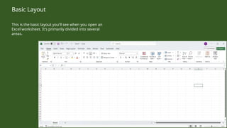 This is the basic layout you'll see when you open an
Excel worksheet. It's primarily divided into several
areas.
Basic Layout