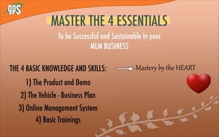 MASTER THE 4 ESSENTIALS
To be Successful and Sustainable in your
MLM BUSINESS
THE 4 BASIC KNOWLEDGE AND SKILLS:
1) The Product and Demo
2) The Vehicle - Business Plan
3) Online Management System
4) Basic Trainings
Master.  by  the  HEART
 