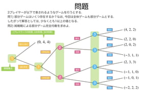 3プレイヤーが以下で表されるようなゲームを行うとする.
問1) 部分ゲームはいくつ存在するか？なお, 今回は全体ゲームも部分ゲームとする.
したがって解答としては, 少なくとも1以上の値となる.
問2) 純戦略による部分ゲーム完全均衡を求めよ.
問題
1
参入しない
2
協力
対抗
1
参入する
2
プランA
(0, 4, 4)
情報集合
(4, 2, 2)
(プレイヤー1の利得, 2の利得, 3の利得)
3
3
3
3
プランB
協力
対抗
協力
対抗
協力
対抗
協力
対抗
協力
対抗
(2, 2, 0)
(2, 0, 2)
(−3, 1, 1)
(−2, 2, 2)
(2, 3, 3)
(−1, 1, 0)
(−1, 0, 1)
 
