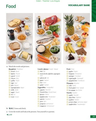 Food
a Match rhe words and pictures.
Breakfast j'bn:kbstl
bread /bred!
butter ¡'bAlar!
cereal /'slrial/
cheese ItJiZ!
coffee j'kofil
eggs Icgzi
¡am /d3&ml
(orange) juice /d3US/
milk Imilkl
sugar /'Jogar!
1 tea /til
toase Itoosl/
b 29))) Listen and check.
Lunch I dinner IIAntJ1 l'dln;Jr/
fish I[[JI
mear (steak, chicken, sausages)
/mitl
(Qlive) oil /0111
pasta ¡'pastal
rice /r3IS/
salad j'srelad/
Vegetables /'vcd3tablzl
carrars /'kecrats!
French fries /frenlf frals/
letruce /'Iclas/
mushrooms I'mAJronlLJ
oniaos J'AnyanLi
peas /piz/
potatoes Ipa'teltooLi
tomatoes Ita'meltouzJ
e Cover rhe words and ¡ook ar rhe pictures. Test yourselfor a partner.
-< p.68
VOCABULARV BANK
Fruit /frutl
ªpples I'a:pl.d
bananas Iba'na:naLi
oranges j':mnd3lz1
a pineapple I'pamrepl/
strawberries I'st rJbcrizJ
Desserts Idl'r,)flsl
cake Ikclkl
fruit salad Iffut 's;e!adl
ice cream lals 'kriml
Snacks Isn;eksl
candy I'krendil
chocolate l'tJakl;}tl
cookies I'kükizl
potato chips Ipa'teltoü tJlpS/
sandwiches I'srendwltfl7J
Celen - Teacher: Luis Angulo
 