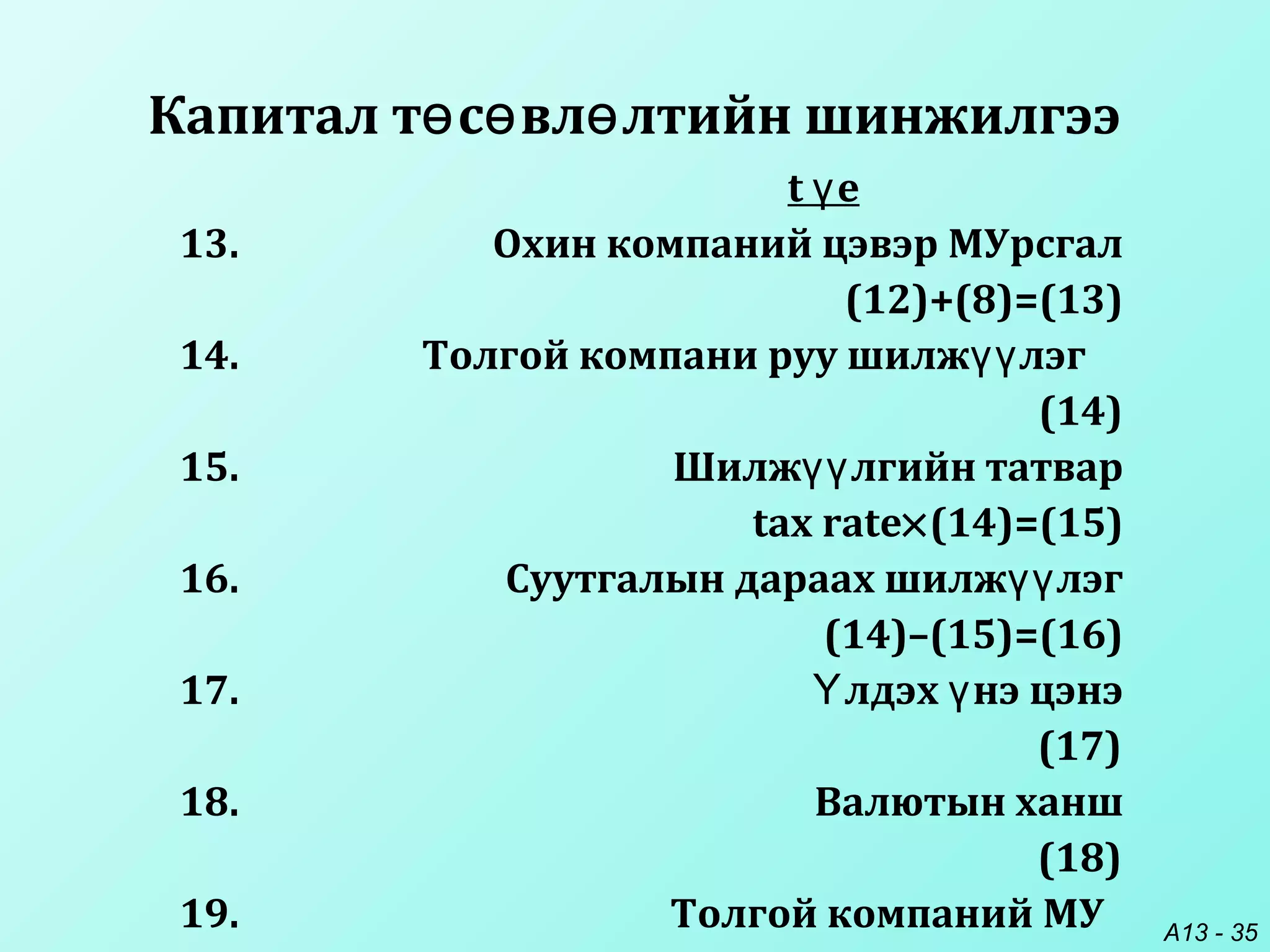 A13 - 35
Капитал т с вл лтийн шинжилгээө ө ө
t еү
13. Охин компаний цэвэр МУрсгал
(12)+(8)=(13)
14. Толгой компани руу шилж лэгүү
(14)
15. Шилж лгийн татварүү
tax rate×(14)=(15)
16. Суутгалын дараах шилж лэгүү
(14)–(15)=(16)
17. лдэх нэ цэнэҮ ү
(17)
18. Валютын ханш
(18)
19. Толгой компаний МУ
 