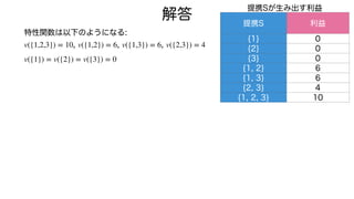 特性関数は以下のようになる:
, , ,
v({1,2,3}) = 10 v({1,2}) = 6 v({1,3}) = 6 v({2,3}) = 4
v({1}) = v({2}) = v({3}) = 0
解答
提携Sが生み出す利益
提携S 利益
{1} 0
{2} 0
{3} 0
{1, 2} 6
{1, 3} 6
{2, 3} 4
{1, 2, 3} 10
 