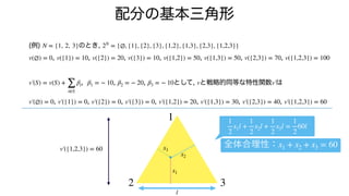 (例) のとき,
, , , , , , ,
, , , として, と戦略的同等な特性関数 は
, , , , , , ,
N = {1, 2, 3} 2N
= {∅, {1}, {2}, {3}, {1,2}, {1,3}, {2,3}, {1,2,3}}
v(∅) = 0 v({1}) = 10 v({2}) = 20 v({3}) = 10 v({1,2}) = 50 v({1,3}) = 50 v({2,3}) = 70 v({1,2,3}) = 100
v′
￼
(S) = v(S) +
∑
i∈S
βi β1 = − 10 β2 = − 20 β3 = − 10 v v′
￼
v′
￼
(∅) = 0 v′
￼
({1}) = 0 v′
￼
({2}) = 0 v′
￼
({3}) = 0 v′
￼
({1,2}) = 20 v′
￼
({1,3}) = 30 v′
￼
({2,3}) = 40 v′
￼
({1,2,3}) = 60
配分の基本三角形
v′
￼
({1,2,3}) = 60
1
2 3
x3
x1
x2
全体合理性：x1 + x2 + x3 = 60
1
2
x1l +
1
2
x2l +
1
2
x3l =
1
2
60l
l
 