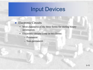 Input Devices

   Electronic Circuits
    • Most expensive of the three forms for storing binary
      information.
    • Electronic circuits come in two forms:
        – Permanent
        – Non-permanent




                                                             3-12
 