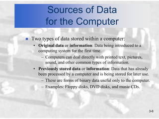Sources of Data
          for the Computer
   Two types of data stored within a computer:
    • Original data or information: Data being introduced to a
      computing system for the first time.
       – Computers can deal directly with printed text, pictures,
         sound, and other common types of information.
    • Previously stored data or information: Data that has already
      been processed by a computer and is being stored for later use.
       – These are forms of binary data useful only to the computer.
       – Examples: Floppy disks, DVD disks, and music CDs.




                                                                    3-6
 