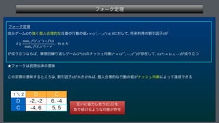 ϑΥʔΫఆཧ
 
ϑΥʔΫఆཧ
੒෼ήʔϜ ͷ‫ݸ͘ڧ‬ਓ߹ཧతͳ೚ҙͷߦಈͷ૊ ʹରͯ͠
কདྷརಘͷׂҾҼࢠ͕
 
͕੒ΓཱͭͳΒ͹
ແ‫ݶ‬ճ‫܁‬Γฦ͠ήʔϜ ͷφογϡ‫ߧۉ‬ ͕ଘࡏͯ͠
 ͕੒Γཱͭ
˒ϑΥʔΫ͸ຽؒ఻ঝͷҙຯ
͜ͷఆཧͷҙຯ͢Δͱ͜Ζ͸
ׂҾҼࢠ͕େ͖͚Ε͹
‫ݸ‬ਓ߹ཧతͳߦಈͷ૊͕φογϡ‫ʹߧۉ‬Αͬͯୡ੒Ͱ͖Δ

G s = (s1
, ⋯, sn
) ∈ S δ
δ ≥
maxti fi
(ti
, s−i
) − fi
(s)
maxti fi(ti, s−i) − vi
, ∀i ∈ N
G∞
(δ) x* = (x1*
, ⋯, xn*
) s(x*) = (s, s, ⋯)
δ
̍ʘ % $
% 
 

$ 
 

‫	͏߹͠ྗڠʹ͍ޓ‬$
$
Λ
औΓଓ͚ΔΑ͏ͳ‫͕ߧۉ‬ଘࡏ
 