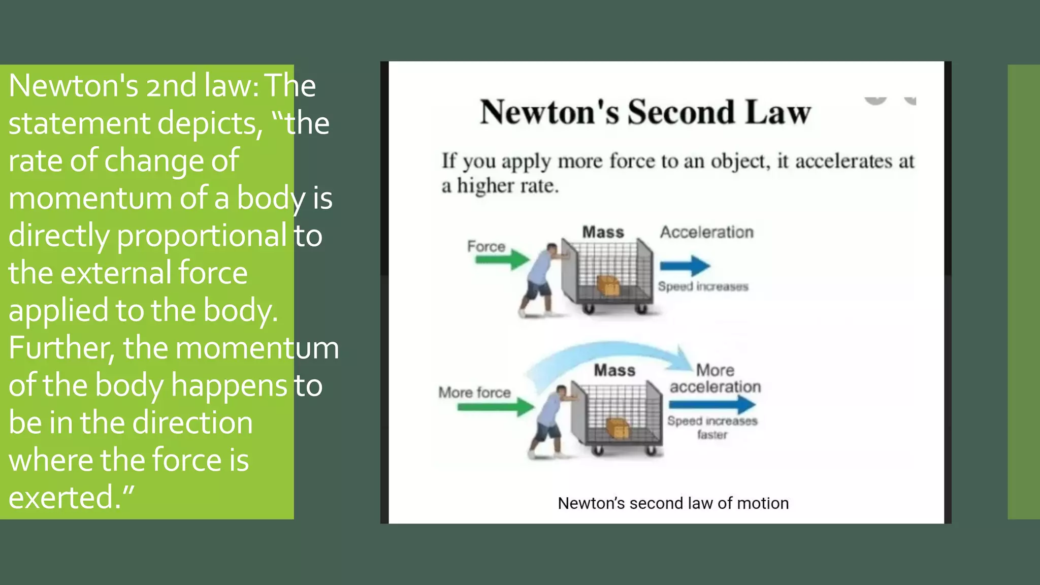 Newton's 2nd law:The
statement depicts, “the
rate of changeof
momentum of a body is
directly proportional to
the externalforce
applied to the body.
Further, the momentum
of the body happens to
be in the direction
where the force is
exerted.”
 
