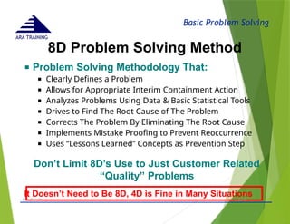 Basic Problem Solving
ARA TRAINING
8D Problem Solving Method
- © 2015 -
ARA (Dec 15) 17
■ Problem Solving Methodology That:
■ Clearly Defines a Problem
■ Allows for Appropriate Interim Containment Action
■ Analyzes Problems Using Data & Basic Statistical Tools
■ Drives to Find The Root Cause of The Problem
■ Corrects The Problem By Eliminating The Root Cause
■ Implements Mistake Proofing to Prevent Reoccurrence
■ Uses “Lessons Learned” Concepts as Prevention Step
Don’t Limit 8D’s Use to Just Customer Related
“Quality” Problems
It Doesn’t Need to Be 8D, 4D is Fine in Many Situations
 