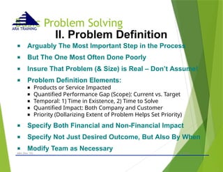 Basic Problem Solving
- © 2015 -
ARA (Dec 15) 27
ARA TRAINING
II. Problem Definition
■ Arguably The Most Important Step in the Process
■ But The One Most Often Done Poorly
■ Insure That Problem (& Size) is Real – Don’t Assume!
■ Problem Definition Elements:
■ Products or Service Impacted
■ Quantified Performance Gap (Scope): Current vs. Target
■ Temporal: 1) Time in Existence, 2) Time to Solve
■ Quantified Impact: Both Company and Customer
■ Priority (Dollarizing Extent of Problem Helps Set Priority)
■ Specify Both Financial and Non-Financial Impact
■ Specify Not Just Desired Outcome, But Also By When
■ Modify Team as Necessary
 