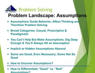 Basic Problem Solving
- © 2015 -
ARA (Dec 15) 29
ARA TRAINING
Problem Landscape: Assumptions
■ Assumptions Guide Behavior, Affect Thinking and
Therefore Problem Solving
■ Broad Categories: Casual, Prescriptive &
Paradigmatic
■ You Can’t Help But Make Assumptions; Dig Deep
Enough & You’ll Always Hit an Assumption
■ Implicit or Hidden Assumptions Abound
■ Some are Good, Even Necessary; Some Not So
Good
■ How to Uncover Assumptions?
■ How to Differentiate “Good” vs. “Bad”
 