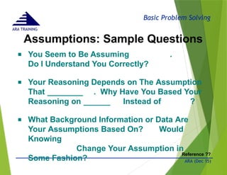 Basic Problem Solving
ARA TRAINING
Assumptions: Sample Questions
- © 2015 - 47
■ You Seem to Be Assuming .
Do I Understand You Correctly?
■ Your Reasoning Depends on The Assumption
That . Why Have You Based Your
Reasoning on Instead of ?
■ What Background Information or Data Are
Your Assumptions Based On? Would
Knowing
Change Your Assumption in
Some Fashion?
Reference ??
ARA (Dec 15)
 