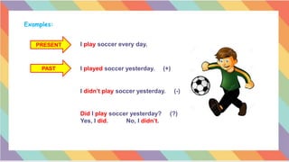 Examples:
PRESENT I play soccer every day.
PAST I played soccer yesterday. (+)
I didn’t play soccer yesterday. (-)
Did I play soccer yesterday? (?)
Yes, I did. No, I didn’t.
 