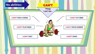 CAN’T
I CAN’T LIFT 50KG
I CAN’T SPEAK CHINESE
I CAN’T SWIM
I CAN’T RIDE A HORSE
I CAN’T PLAY CHESS
No abilities:
Things
I can’t do…
I CAN’T KNIT
 