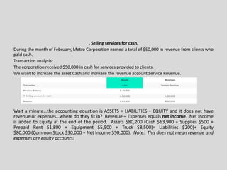 . Selling services for cash.
During the month of February, Metro Corporation earned a total of $50,000 in revenue from clients who
paid cash.
Transaction analysis:
The corporation received $50,000 in cash for services provided to clients.
We want to increase the asset Cash and increase the revenue account Service Revenue.
Wait a minute…the accounting equation is ASSETS = LIABILITIES + EQUITY and it does not have
revenue or expenses…where do they fit in? Revenue – Expenses equals net income. Net Income
is added to Equity at the end of the period. Assets $80,200 (Cash $63,900 + Supplies $500 +
Prepaid Rent $1,800 + Equipment $5,500 + Truck $8,500)= Liabilities $200)+ Equity
$80,000 (Common Stock $30,000 + Net Income $50,000). Note: This does not mean revenue and
expenses are equity accounts!
 