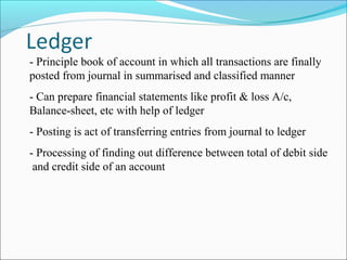 - Principle book of account in which all transactions are finally
posted from journal in summarised and classified manner
- Can prepare financial statements like profit & loss A/c,
Balance-sheet, etc with help of ledger
- Posting is act of transferring entries from journal to ledger
- Processing of finding out difference between total of debit side
and credit side of an account
 
