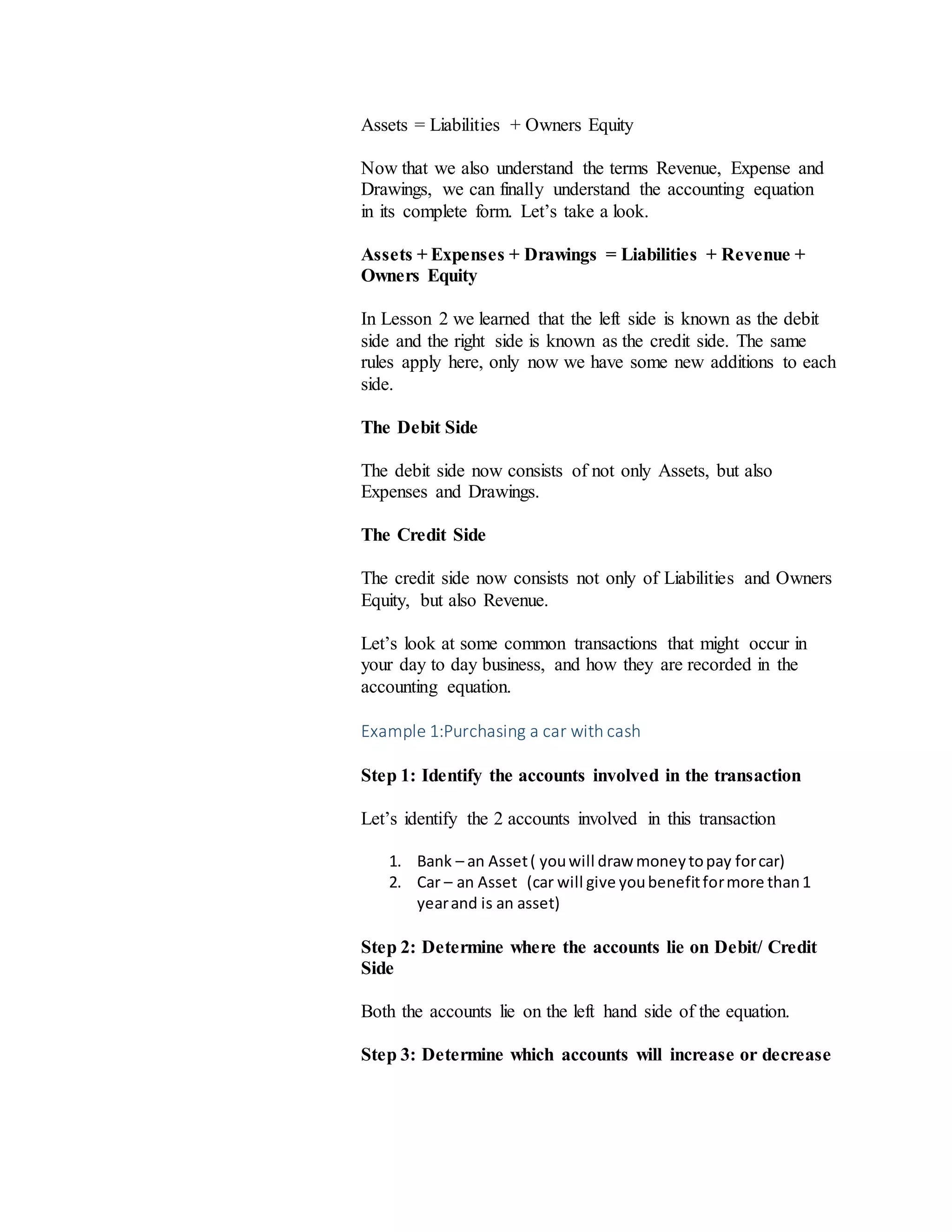 Assets = Liabilities + Owners Equity
Now that we also understand the terms Revenue, Expense and
Drawings, we can finally understand the accounting equation
in its complete form. Let’s take a look.
Assets + Expenses + Drawings = Liabilities + Revenue +
Owners Equity
In Lesson 2 we learned that the left side is known as the debit
side and the right side is known as the credit side. The same
rules apply here, only now we have some new additions to each
side.
The Debit Side
The debit side now consists of not only Assets, but also
Expenses and Drawings.
The Credit Side
The credit side now consists not only of Liabilities and Owners
Equity, but also Revenue.
Let’s look at some common transactions that might occur in
your day to day business, and how they are recorded in the
accounting equation.
Example 1:Purchasing a car with cash
Step 1: Identify the accounts involved in the transaction
Let’s identify the 2 accounts involved in this transaction
1. Bank – an Asset( youwill draw moneytopay forcar)
2. Car – an Asset (car will give youbenefitformore than1
yearand is an asset)
Step 2: Determine where the accounts lie on Debit/ Credit
Side
Both the accounts lie on the left hand side of the equation.
Step 3: Determine which accounts will increase or decrease
 