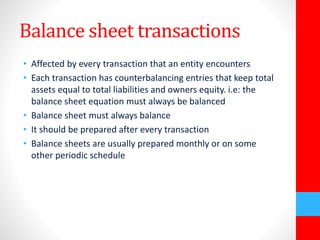 Balance sheet transactions 
• Affected by every transaction that an entity encounters 
• Each transaction has counterbalancing entries that keep total 
assets equal to total liabilities and owners equity. i.e: the 
balance sheet equation must always be balanced 
• Balance sheet must always balance 
• It should be prepared after every transaction 
• Balance sheets are usually prepared monthly or on some 
other periodic schedule 
 