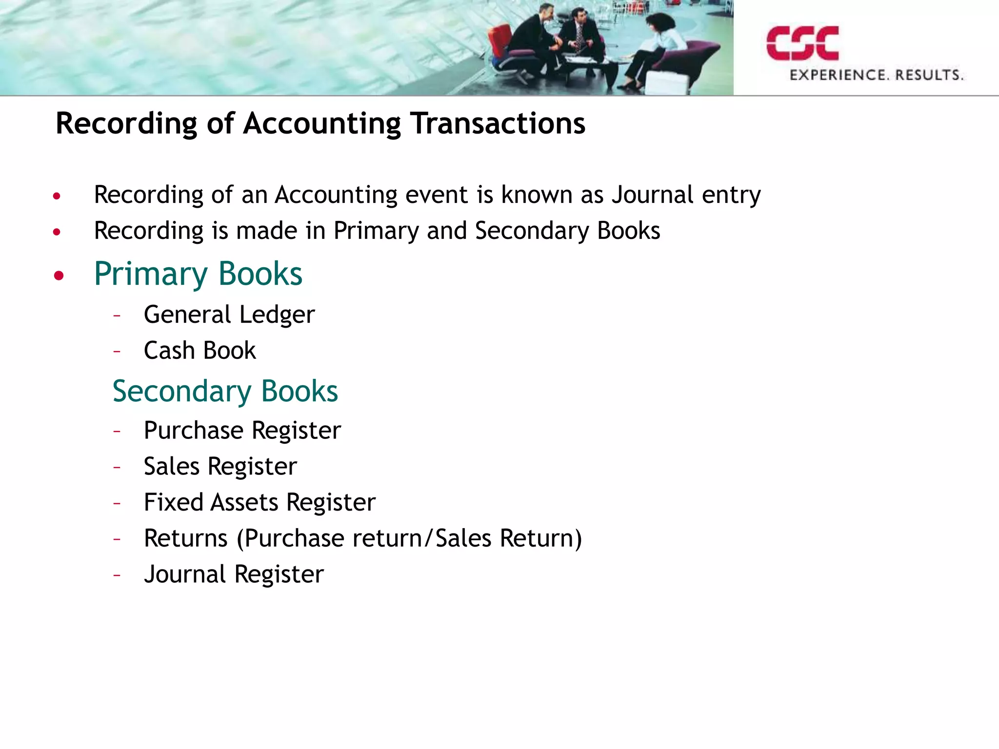 Recording of Accounting Transactions
• Recording of an Accounting event is known as Journal entry
• Recording is made in Primary and Secondary Books
• Primary Books
– General Ledger
– Cash Book
Secondary Books
– Purchase Register
– Sales Register
– Fixed Assets Register
– Returns (Purchase return/Sales Return)
– Journal Register
 