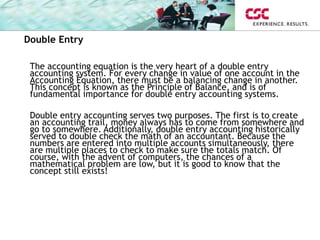 Double Entry
The accounting equation is the very heart of a double entry
accounting system. For every change in value of one account in the
Accounting Equation, there must be a balancing change in another.
This concept is known as the Principle of Balance, and is of
fundamental importance for double entry accounting systems.
Double entry accounting serves two purposes. The first is to create
an accounting trail, money always has to come from somewhere and
go to somewhere. Additionally, double entry accounting historically
served to double check the math of an accountant. Because the
numbers are entered into multiple accounts simultaneously, there
are multiple places to check to make sure the totals match. Of
course, with the advent of computers, the chances of a
mathematical problem are low, but it is good to know that the
concept still exists!
 