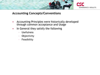 Accounting Concepts/Conventions
• Accounting Principles were historically developed
through common acceptance and Usage
• In General they satisfy the following
– Usefulness
– Objectivity
– Feasibility
 