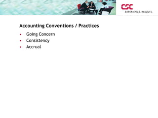 Accounting Conventions / Practices
• Going Concern
• Consistency
• Accrual
 