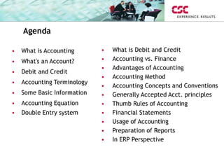 Agenda
• What is Accounting
• What's an Account?
• Debit and Credit
• Accounting Terminology
• Some Basic Information
• Accounting Equation
• Double Entry system
• What is Debit and Credit
• Accounting vs. Finance
• Advantages of Accounting
• Accounting Method
• Accounting Concepts and Conventions
• Generally Accepted Acct. principles
• Thumb Rules of Accounting
• Financial Statements
• Usage of Accounting
• Preparation of Reports
• In ERP Perspective
 