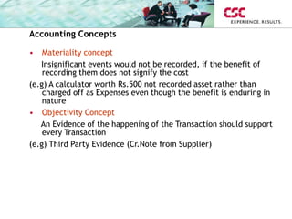 Accounting Concepts
• Materiality concept
Insignificant events would not be recorded, if the benefit of
recording them does not signify the cost
(e.g) A calculator worth Rs.500 not recorded asset rather than
charged off as Expenses even though the benefit is enduring in
nature
• Objectivity Concept
An Evidence of the happening of the Transaction should support
every Transaction
(e.g) Third Party Evidence (Cr.Note from Supplier)
 
