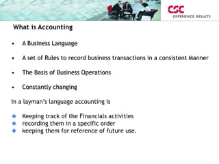 What is Accounting
• A Business Language
• A set of Rules to record business transactions in a consistent Manner
• The Basis of Business Operations
• Constantly changing
In a layman’s language accounting is
 Keeping track of the Financials activities
 recording them in a specific order
 keeping them for reference of future use.
 