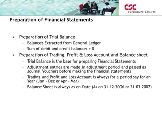 Preparation of Financial Statements
• Preparation of Trial Balance
– Balances Extracted from General Ledger
– Sum of debit and credit balances = 0
• Preparation of Trading, Profit & Loss Account and Balance sheet
– Trial Balance is the base for preparing Financial Statements
– Adjustment entries are made in adjustment period and passed as
Journal Vouchers before making the financial statements
– Trading and Profit and Loss Account is Always for a period say for an
Year (Jan - Dec or Apr - Mar)
– Balance Sheet is always as on Date (As on 31-12-2006 or 31-03-2007)
 