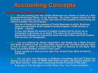 14
Accounting Concepts
 Business Entity Concept
 Ex 1: You are running your own Textile Showroom as a Dealer in Cloth as a Sole
Proprietor/Individual Owner of the Business. The entire capital amount for the
Business is provided by you. In this case also for the purpose of accounting you
need to maintain Two set of books.
• One set of books for the purpose of Textile Business in which, Business
owes you equivalent to the Capital Provided (Capital + Profit earned) or
(Capital – Losses)
• In your own Books the amount of Capital invested will be shown as an
Investment in Business as an Asset. This need not be maintained as a
Normal Set of Books but required to know the Cash Inflow and Cash Outflow
from Income Tax Perspective.
 Ex 2: You are working for Oracle Corporation and Oracle has a Bank Account
with Bank of America and You have Bank Account with Citi Bank and the salary
at end of every month is transferred from Bank of America to Citi Bank. How
many accounting Entities involved in this case?
• If your answer is 4, then you are right (You, Oracle Corp, Bank of America,
Citi Bank)
 Ex 3: You run your own Business in Software Consulting and your Friend has
agreed to provide a Loan of 50000 USD which he goes and deposit directly into
your Bank account - How many accounting Entities involved in this case?
• If you say 3, You are right, it is only Three. (You, Your Friend and Bank)
 