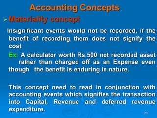 23
Accounting Concepts
Materiality concept
Insignificant events would not be recorded, if the
benefit of recording them does not signify the
cost
Ex: A calculator worth Rs.500 not recorded asset
rather than charged off as an Expense even
though the benefit is enduring in nature.
This concept need to read in conjunction with
accounting events which signifies the transaction
into Capital, Revenue and deferred revenue
expenditure.
 