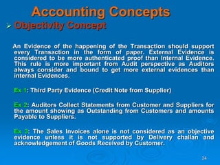 24
Accounting Concepts
 Objectivity Concept
An Evidence of the happening of the Transaction should support
every Transaction in the form of paper. External Evidence is
considered to be more authenticated proof than Internal Evidence.
This rule is more important from Audit perspective as Auditors
always consider and bound to get more external evidences than
internal Evidences.
Ex 1: Third Party Evidence (Credit Note from Supplier)
Ex 2: Auditors Collect Statements from Customer and Suppliers for
the amount showing as Outstanding from Customers and amounts
Payable to Suppliers.
Ex 3: The Sales Invoices alone is not considered as an objective
evidence unless it is not supported by Delivery challan and
acknowledgement of Goods Received by Customer.
 