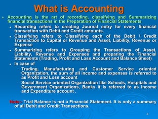 4
What is Accounting
 Accounting is the art of recording, classifying and Summarizing
financial transactions in the Preparation of Financial Statements
 Recording refers to creating Journal entry for every financial
transaction with Debit and Credit amounts.
 Classifying refers to Classifying each of the Debit / Credit
Transaction to Capital or Revenue and Asset, Liability, Revenue or
Expense
 Summarizing refers to Grouping the Transactions of Asset,
Liability, Revenue and Expenses and preparing the Financial
Statements (Trading, Profit and Loss Account and Balance Sheet)
 In case of
• Trading, Manufacturing and Customer Service oriented
Organization, the sum of all income and expenses is referred to
as Profit and Loss account
• Social Service oriented Organization like Schools, Hospitals and
Government Organizations, Banks it is referred to as Income
and Expenditure account .
Note:- Trial Balance is not a Financial Statement. It is only a summary
of all Debit and Credit Transactions.
 