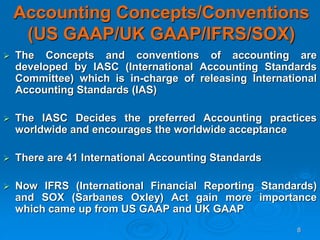 8
Accounting Concepts/Conventions
(US GAAP/UK GAAP/IFRS/SOX)
 The Concepts and conventions of accounting are
developed by IASC (International Accounting Standards
Committee) which is in-charge of releasing International
Accounting Standards (IAS)
 The IASC Decides the preferred Accounting practices
worldwide and encourages the worldwide acceptance
 There are 41 International Accounting Standards
 Now IFRS (International Financial Reporting Standards)
and SOX (Sarbanes Oxley) Act gain more importance
which came up from US GAAP and UK GAAP
 