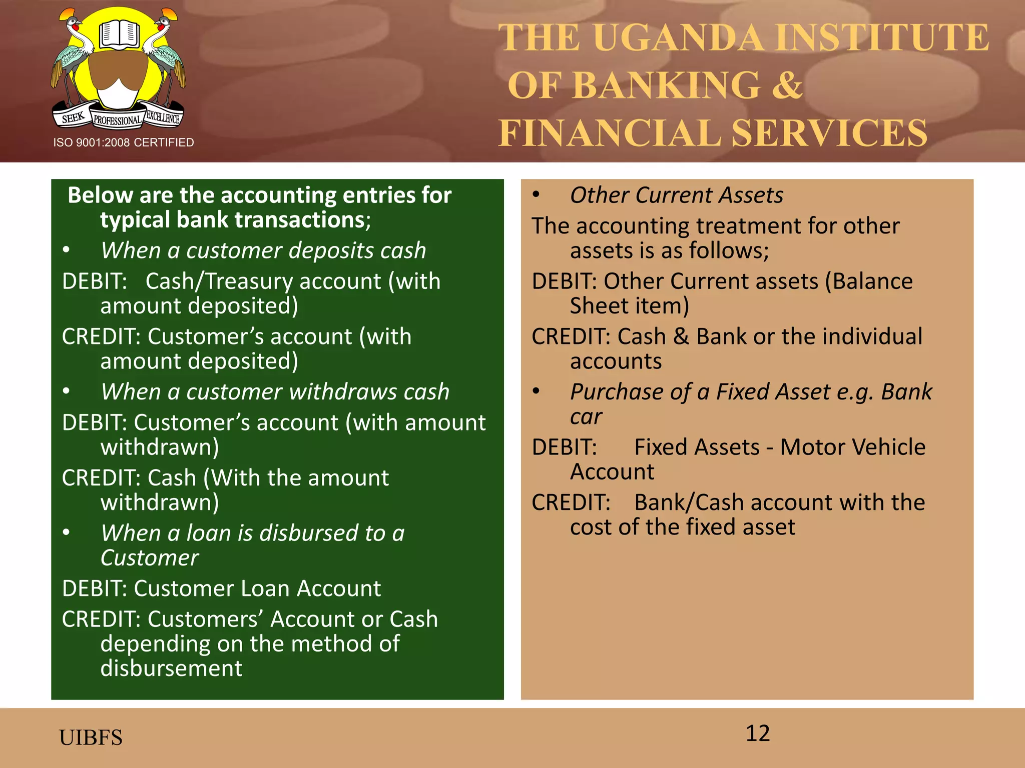 THE UGANDA INSTITUTE
OF BANKING &
FINANCIAL SERVICES
UIBFS
ISO 9001:2008 CERTIFIED
Below are the accounting entries for
typical bank transactions;
• When a customer deposits cash
DEBIT: Cash/Treasury account (with
amount deposited)
CREDIT: Customer’s account (with
amount deposited)
• When a customer withdraws cash
DEBIT: Customer’s account (with amount
withdrawn)
CREDIT: Cash (With the amount
withdrawn)
• When a loan is disbursed to a
Customer
DEBIT: Customer Loan Account
CREDIT: Customers’ Account or Cash
depending on the method of
disbursement
• Other Current Assets
The accounting treatment for other
assets is as follows;
DEBIT: Other Current assets (Balance
Sheet item)
CREDIT: Cash & Bank or the individual
accounts
• Purchase of a Fixed Asset e.g. Bank
car
DEBIT: Fixed Assets - Motor Vehicle
Account
CREDIT: Bank/Cash account with the
cost of the fixed asset
12
 