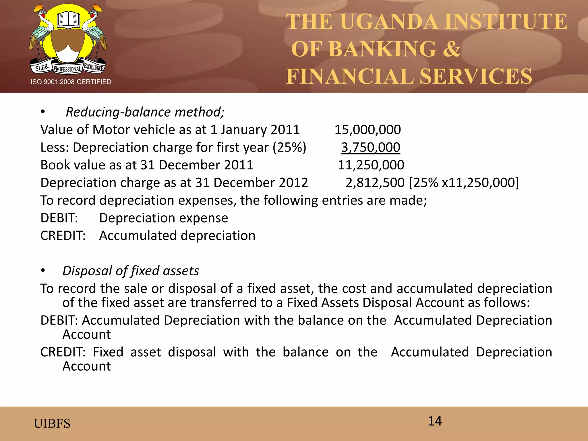 THE UGANDA INSTITUTE
OF BANKING &
FINANCIAL SERVICES
UIBFS
ISO 9001:2008 CERTIFIED
• Reducing-balance method;
Value of Motor vehicle as at 1 January 2011 15,000,000
Less: Depreciation charge for first year (25%) 3,750,000
Book value as at 31 December 2011 11,250,000
Depreciation charge as at 31 December 2012 2,812,500 [25% x11,250,000]
To record depreciation expenses, the following entries are made;
DEBIT: Depreciation expense
CREDIT: Accumulated depreciation
• Disposal of fixed assets
To record the sale or disposal of a fixed asset, the cost and accumulated depreciation
of the fixed asset are transferred to a Fixed Assets Disposal Account as follows:
DEBIT: Accumulated Depreciation with the balance on the Accumulated Depreciation
Account
CREDIT: Fixed asset disposal with the balance on the Accumulated Depreciation
Account
14
 