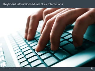 Keyboard Interactions Mirror Click Interactions




© 2012 Adobe Systems Incorporated. All Rights Reserved. Adobe Confidential.   10
 