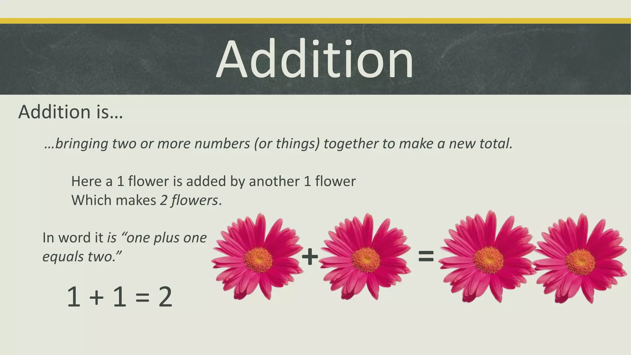 Addition
Addition is…
…bringing two or more numbers (or things) together to make a new total.
Here a 1 flower is added by another 1 flower
Which makes 2 flowers.
In word it is “one plus one
equals two.”
1 + 1 = 2
+ =
 