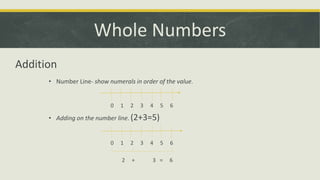 Whole Numbers
Addition
• Number Line- show numerals in order of the value.
0 1 2 3 4 5 6
• Adding on the number line. (2+3=5)
0 1 2 3 4 5 6
2 + 3 = 6
 