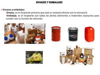 ENVASES Y EMBALAJES
Envases y embalajes:
•Envase, es el recipiente primario que está en contacto directo con la mercancía.
•Embalaje, es el recipiente con todos los demás elementos o materiales necesarios para
cumplir con su función de retención.
 