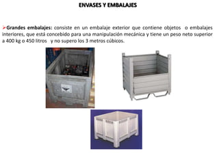 ENVASES Y EMBALAJES
Grandes embalajes: consiste en un embalaje exterior que contiene objetos o embalajes
interiores, que está concebido para una manipulación mecánica y tiene un peso neto superior
a 400 kg o 450 litros y no supero los 3 metros cúbicos.
 