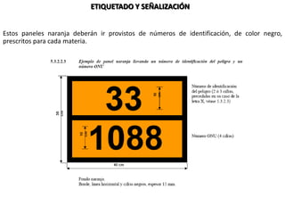 Estos paneles naranja deberán ir provistos de números de identificación, de color negro,
prescritos para cada materia.
ETIQUETADO Y SEÑALIZACIÓN
 