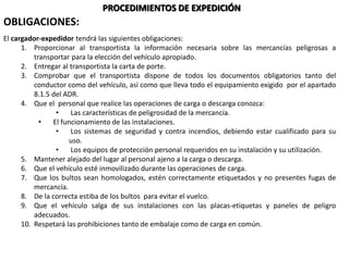 PROCEDIMIENTOS DE EXPEDICIÓN
OBLIGACIONES:
El cargador-expedidor tendrá las siguientes obligaciones:
1. Proporcionar al transportista la información necesaria sobre las mercancías peligrosas a
transportar para la elección del vehículo apropiado.
2. Entregar al transportista la carta de porte.
3. Comprobar que el transportista dispone de todos los documentos obligatorios tanto del
conductor como del vehículo, así como que lleva todo el equipamiento exigido por el apartado
8.1.5 del ADR.
4. Que el personal que realice las operaciones de carga o descarga conozca:
• Las características de peligrosidad de la mercancía.
• El funcionamiento de las instalaciones.
• Los sistemas de seguridad y contra incendios, debiendo estar cualificado para su
uso.
• Los equipos de protección personal requeridos en su instalación y su utilización.
5. Mantener alejado del lugar al personal ajeno a la carga o descarga.
6. Que el vehículo esté inmovilizado durante las operaciones de carga.
7. Que los bultos sean homologados, estén correctamente etiquetados y no presentes fugas de
mercancía.
8. De la correcta estiba de los bultos para evitar el vuelco.
9. Que el vehículo salga de sus instalaciones con las placas-etiquetas y paneles de peligro
adecuados.
10. Respetará las prohibiciones tanto de embalaje como de carga en común.
 