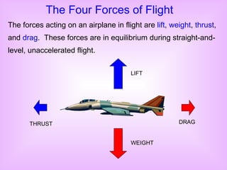 The forces acting on an airplane in flight are  lift ,  weight ,  thrust , and  drag .  These forces are in equilibrium during straight-and-level, unaccelerated flight. The Four Forces of Flight DRAG WEIGHT THRUST LIFT 