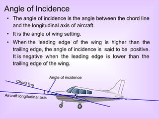 The angle of incidence is the angle between the chord line and the longitudinal axis of aircraft. It is the angle of wing setting. When the  leading  edge  of  the  wing  is  higher  than  the trailing edge, the angle of incidence is  said to be  positive. It is negative  when  the  leading  edge  is  lower  than  the trailing edge of the wing. Angle of Incidence Chord line Aircraft longitudinal axis Angle of incidence 