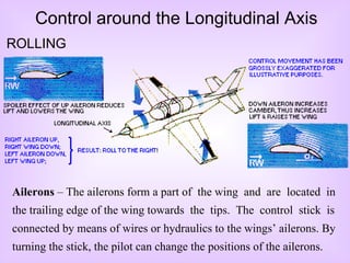 Ailerons  – The ailerons form a part of  the wing  and  are  located  in the trailing edge of the wing towards  the  tips.  The  control  stick  is connected by means of wires or hydraulics to the wings’ ailerons. By turning the stick, the pilot can change the positions of the ailerons.  ROLLING Control around the Longitudinal Axis 