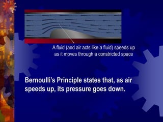 A fluid (and air acts like a fluid) speeds up as it moves through a constricted spaceBernoulli’s Principle states that, as air speeds up, its pressure goes down.