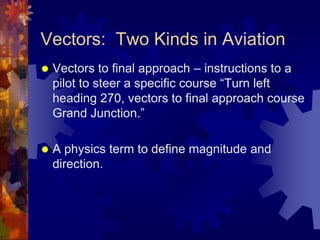 Vectors:  Two Kinds in AviationVectors to final approach – instructions to a pilot to steer a specific course “Turn left heading 270, vectors to final approach course Grand Junction.”A physics term to define magnitude and direction.