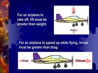 For an airplane to take off, lift must be greater than weight.For an airplane to speed up while flying, thrust must be greater than drag.